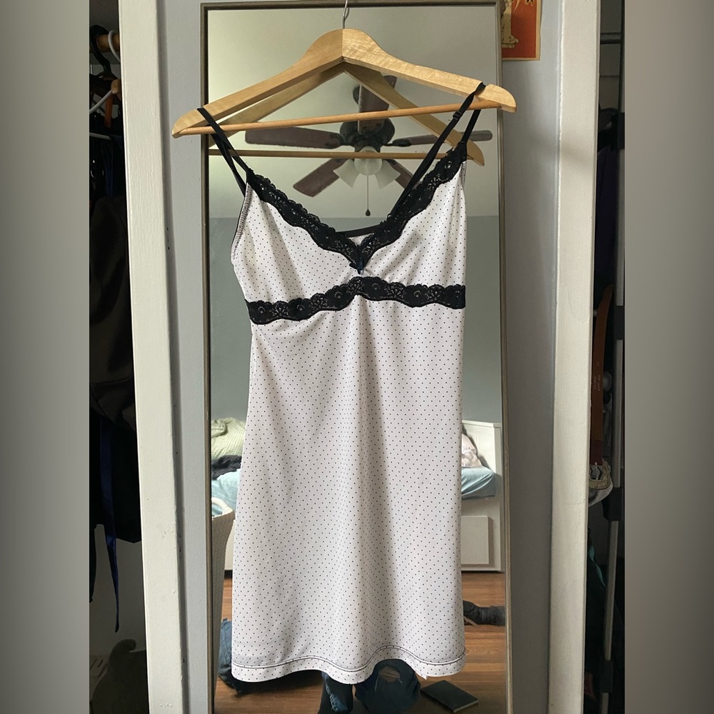 slip dress with lace lining, side slits, bows